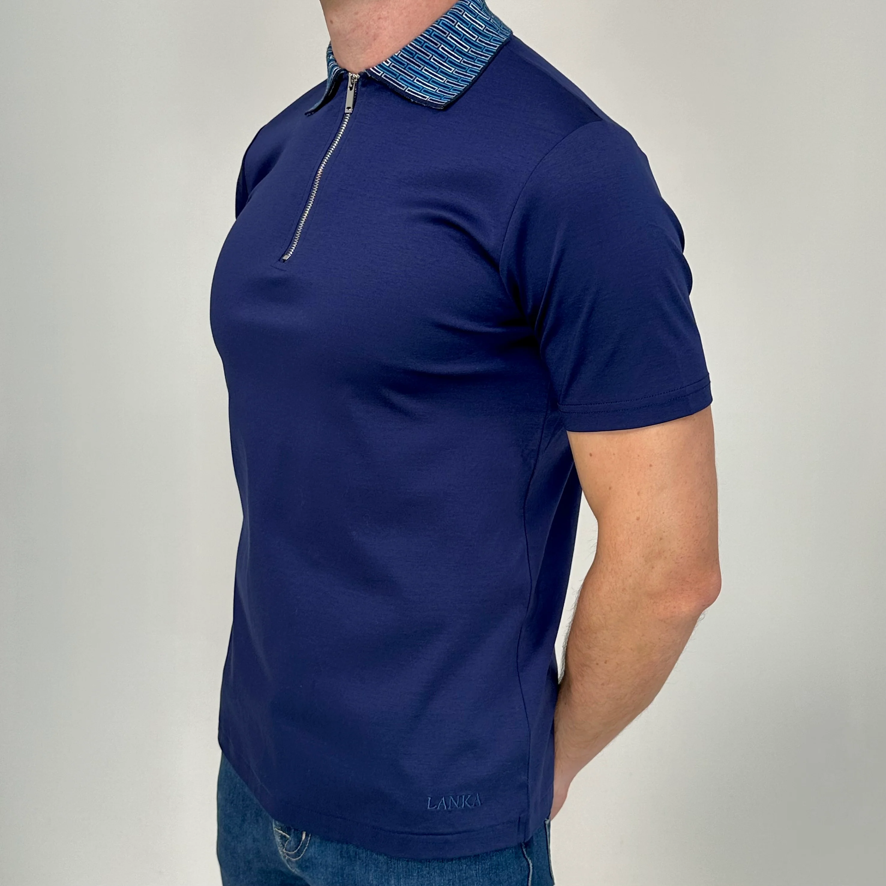 Navy Stitched Collar Zip Polo - Image 4